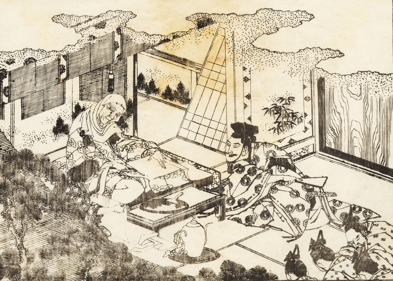 Una vecchia donna, forse una monaca buddista, siede e una giovane donna le legge qualcosa da Katsushika Hokusai