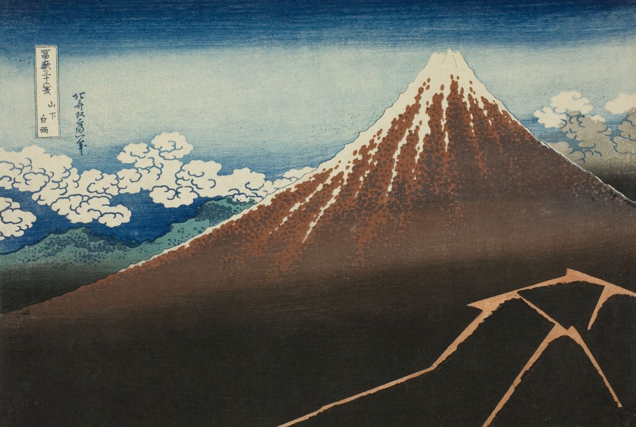 Pioggia sotto la vetta (Sanka hakuu), dalla serie Trentasei vedute del Monte Fuji (Fugaku sanjurokkei) da Katsushika Hokusai