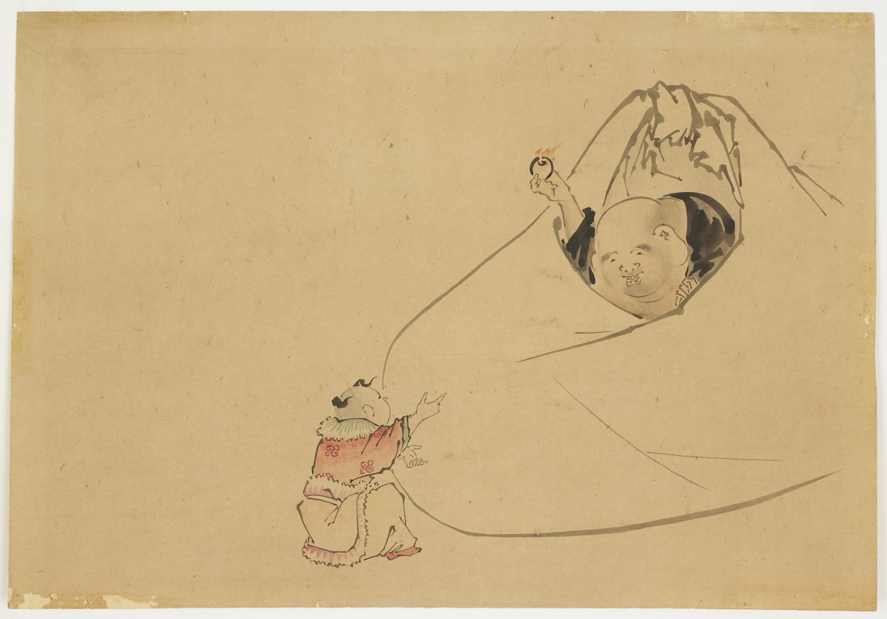 Hotei offre una gemma fiammeggiante a un piccolo ragazzo, c.1850 da Katsushika (school of) Hokusai