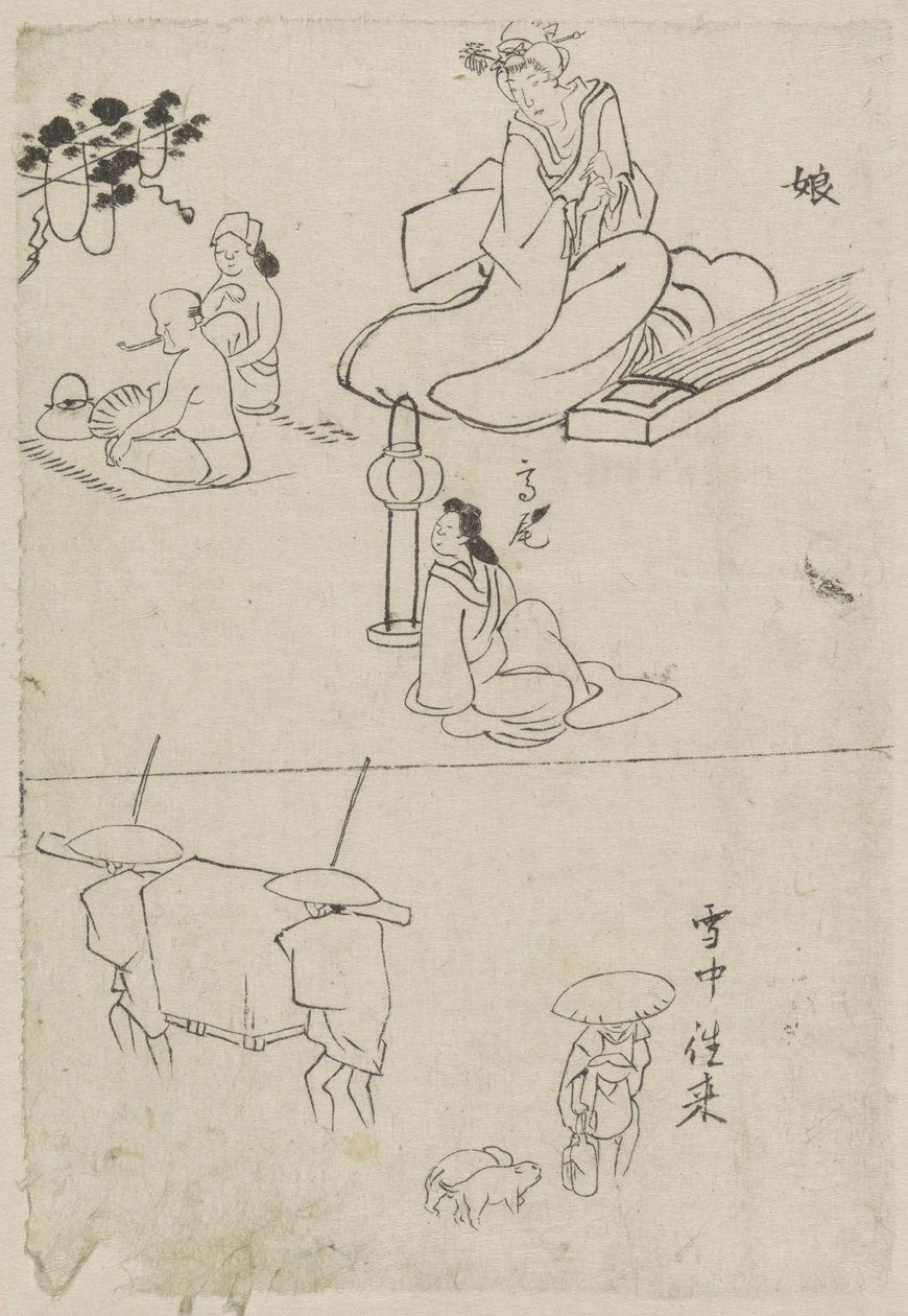 Diverse rappresentazioni, tra cui una dama con un koto, una dama seduta e due uomini da After Katsushika Hokusai