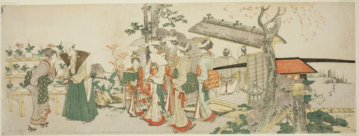 Un gruppo di giovani donne che entra nel giardino di un orticoltore da Katsushika Hokusai