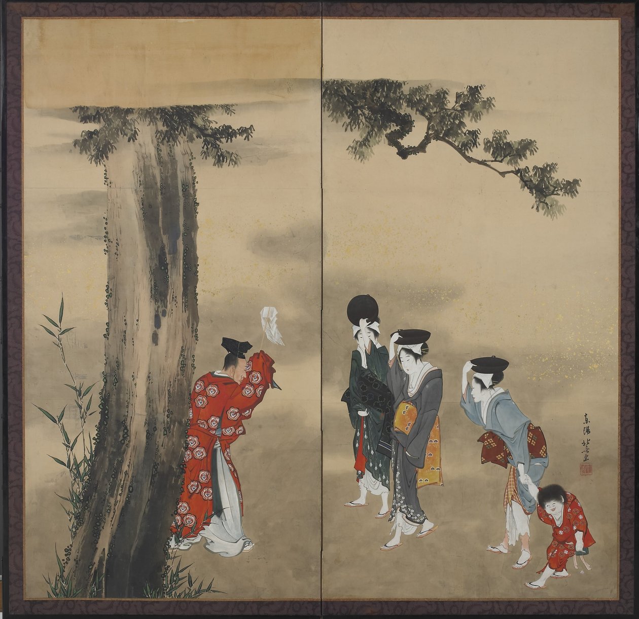 Un sacerdote scintoista, tre donne e un bambino da Katsushika Hokusai