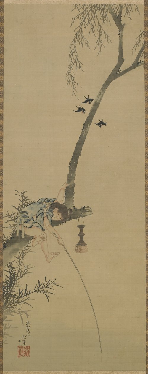 Un ragazzo che pesca dal ramo di un albero, periodo Edo da Katsushika Hokusai
