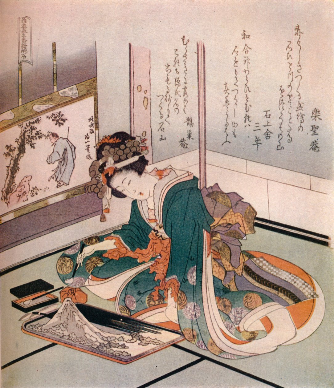 Una donna che realizza un modello in miniatura del Monte Fuji, c1823 da Katsushika Hokusai