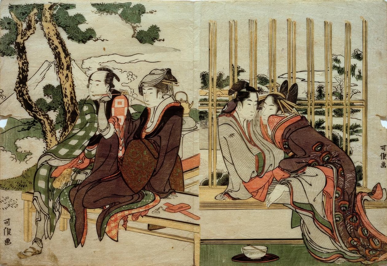 Azuma e Yogoro nella neve vecchia. Koman e Yosaku al tramonto da Katsushika Hokusai