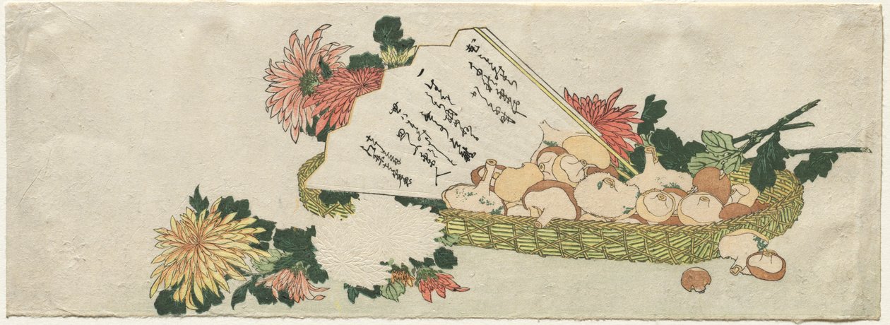 Cesto con Ventaglio, Crisantemi e Funghi, inizio 1800 da Katsushika Hokusai