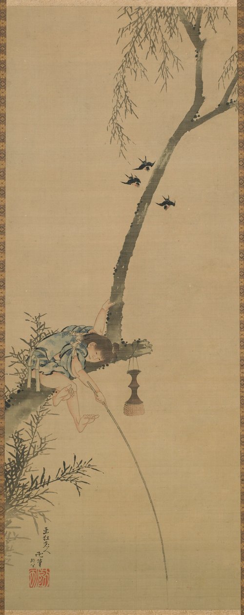 Ragazzo che pesca dal ramo di un albero da Katsushika Hokusai