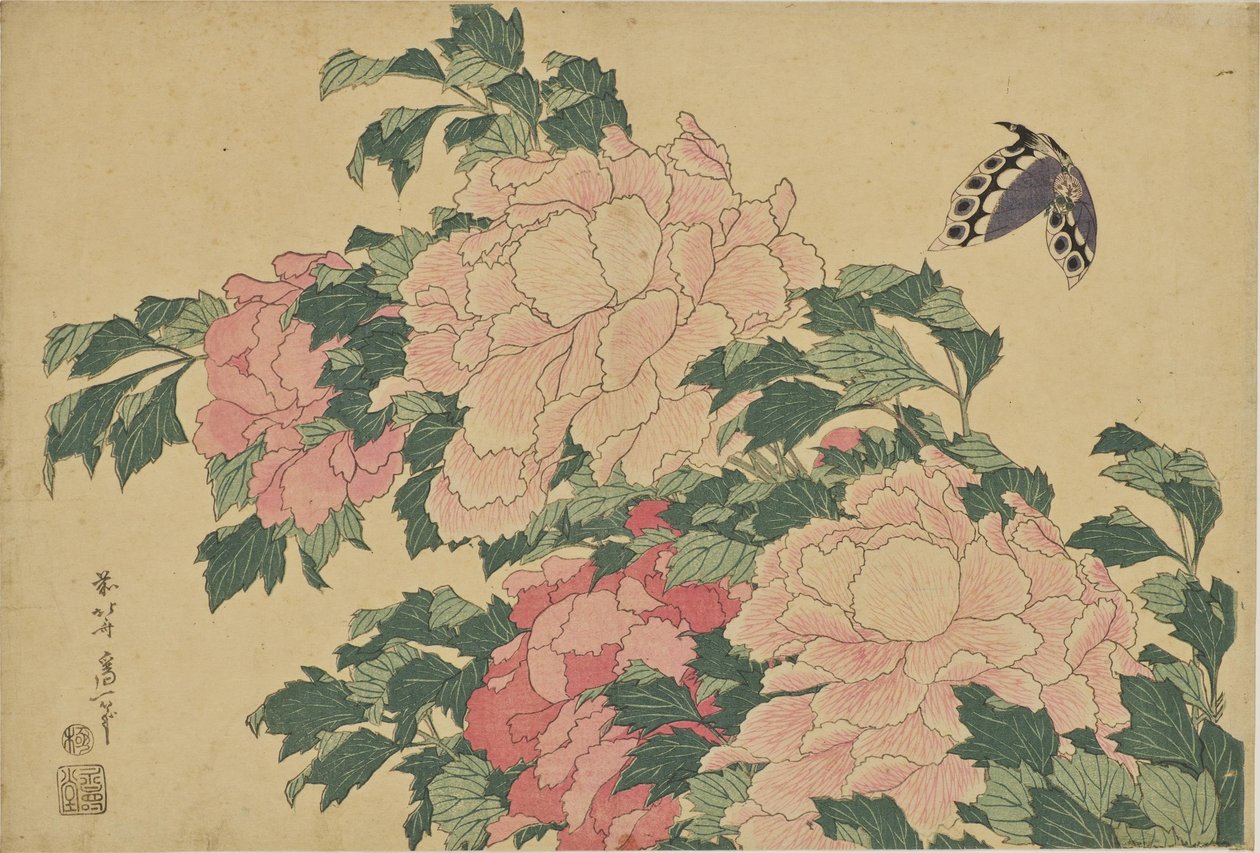Farfalle e peonie da Katsushika Hokusai
