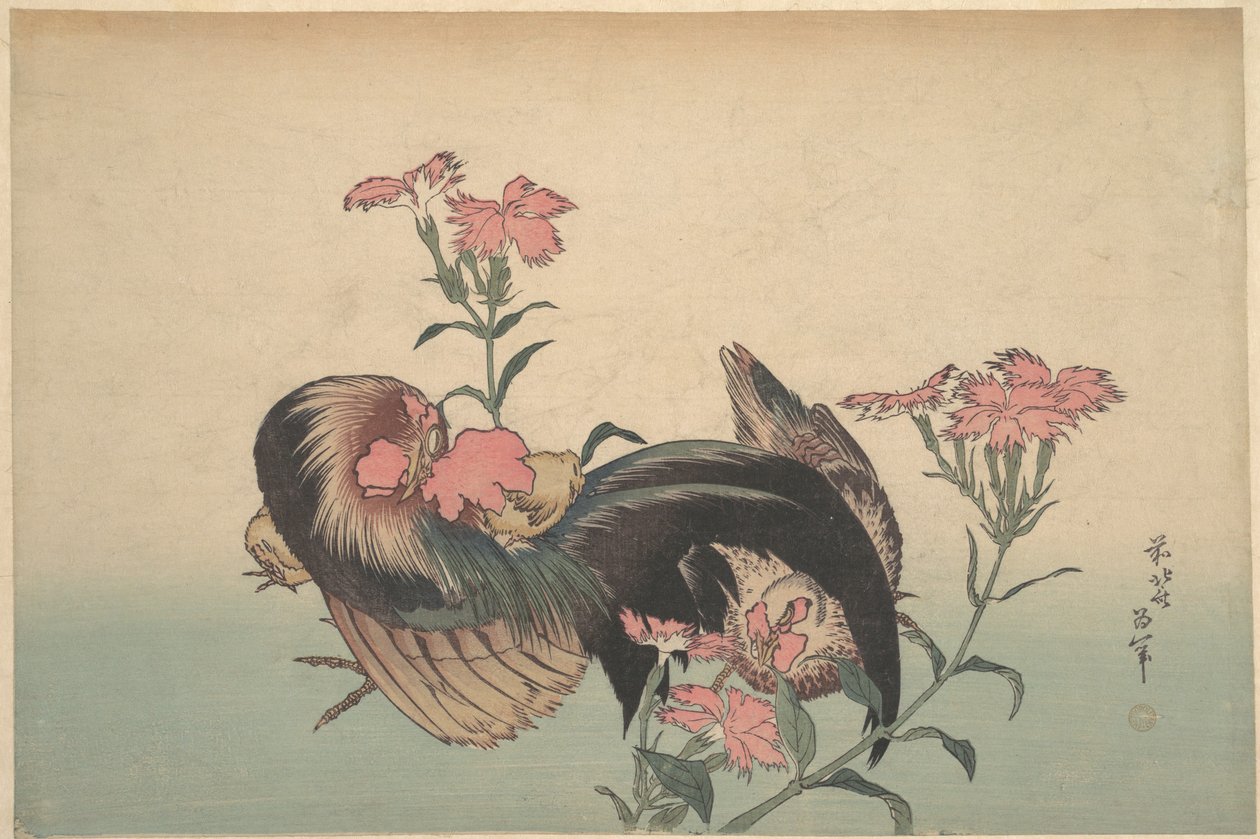 Gallo, Gallina e Nadeshiko (Dianthus Superbus) da Katsushika Hokusai