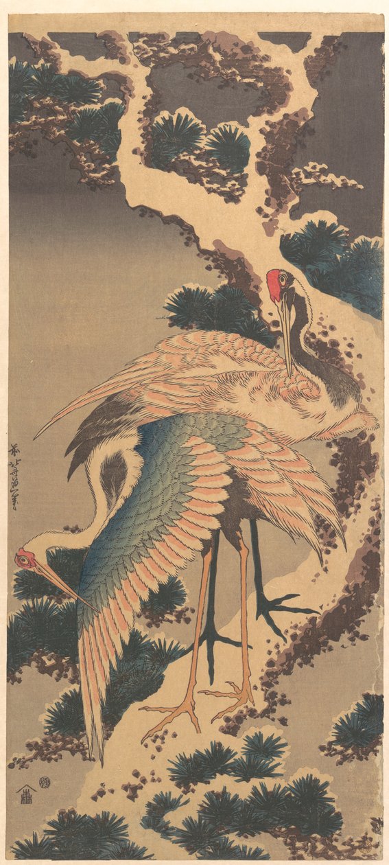 Gru su un ramo di pino innevato von Katsushika Hokusai