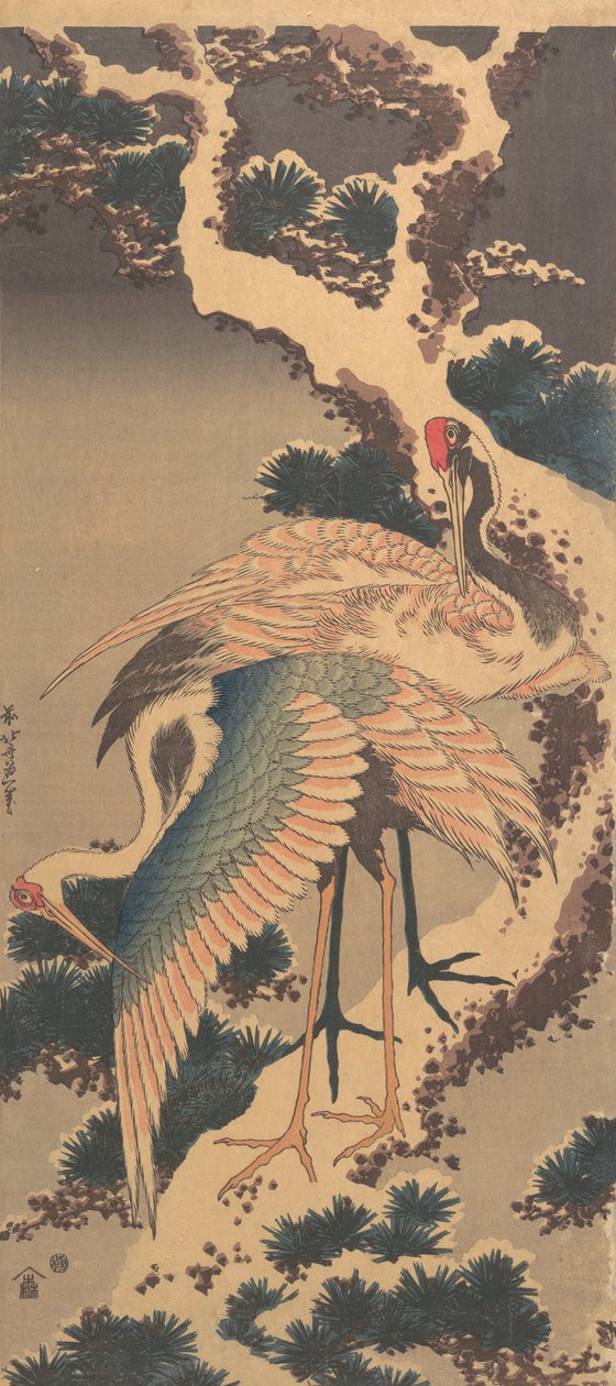 Gru su ramo di pino coperto di neve da Katsushika Hokusai