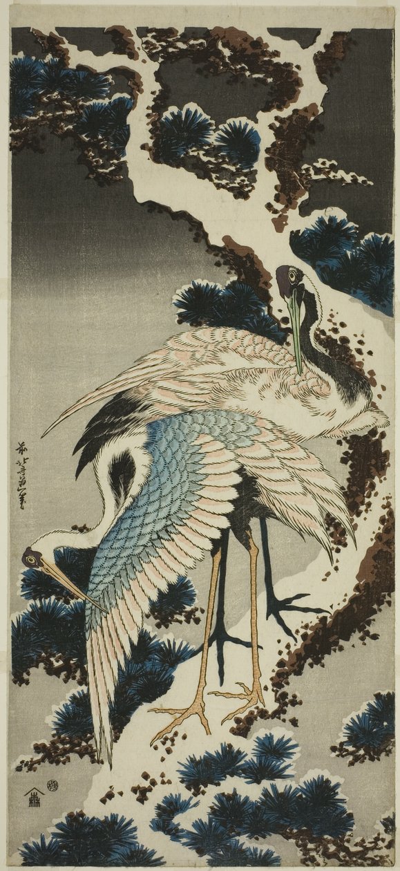 Gru su pino coperto di neve da Katsushika Hokusai