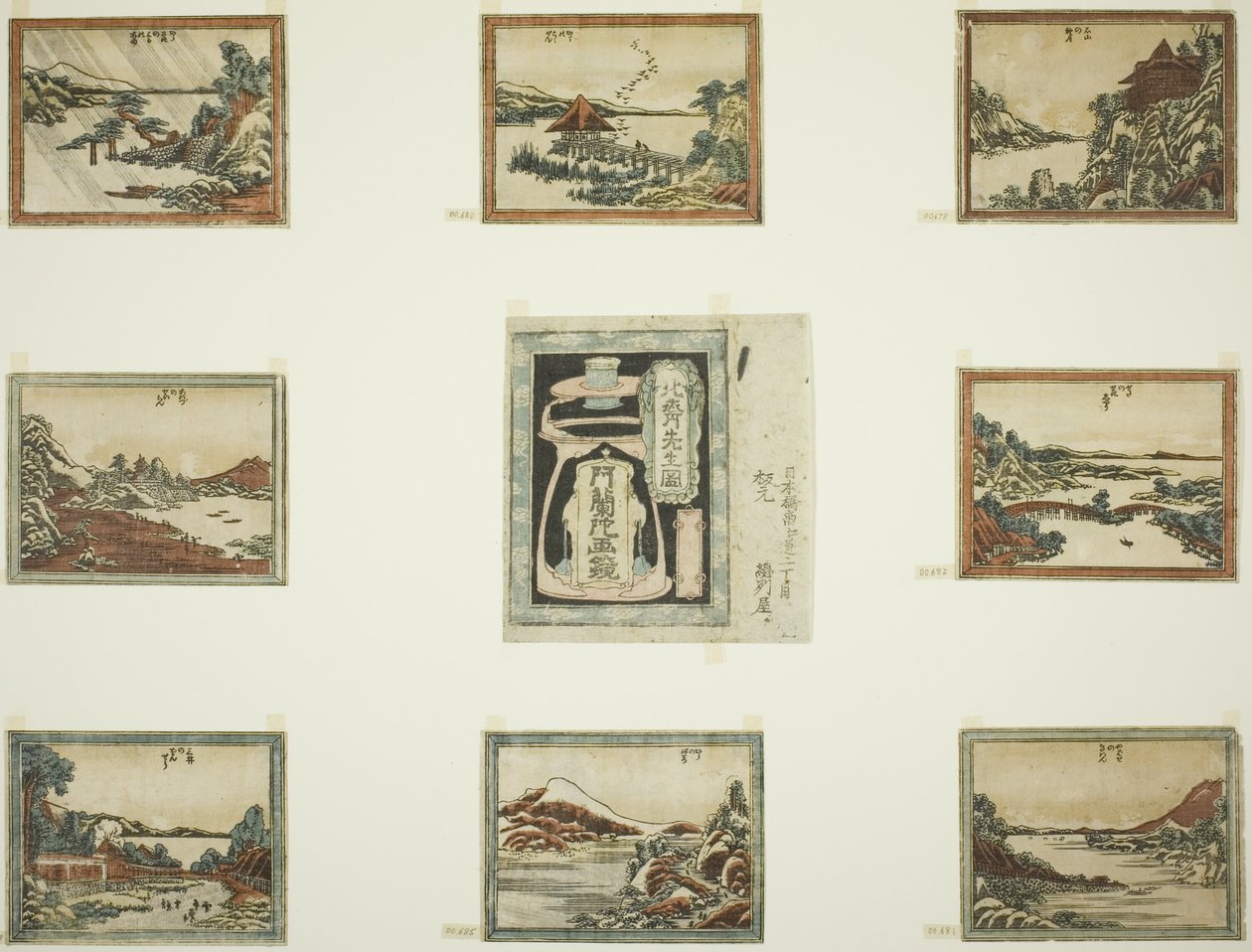 Otto vedute di Omi in stile incisione (Doban Omi hakkei) e foglio di copertura da Katsushika Hokusai