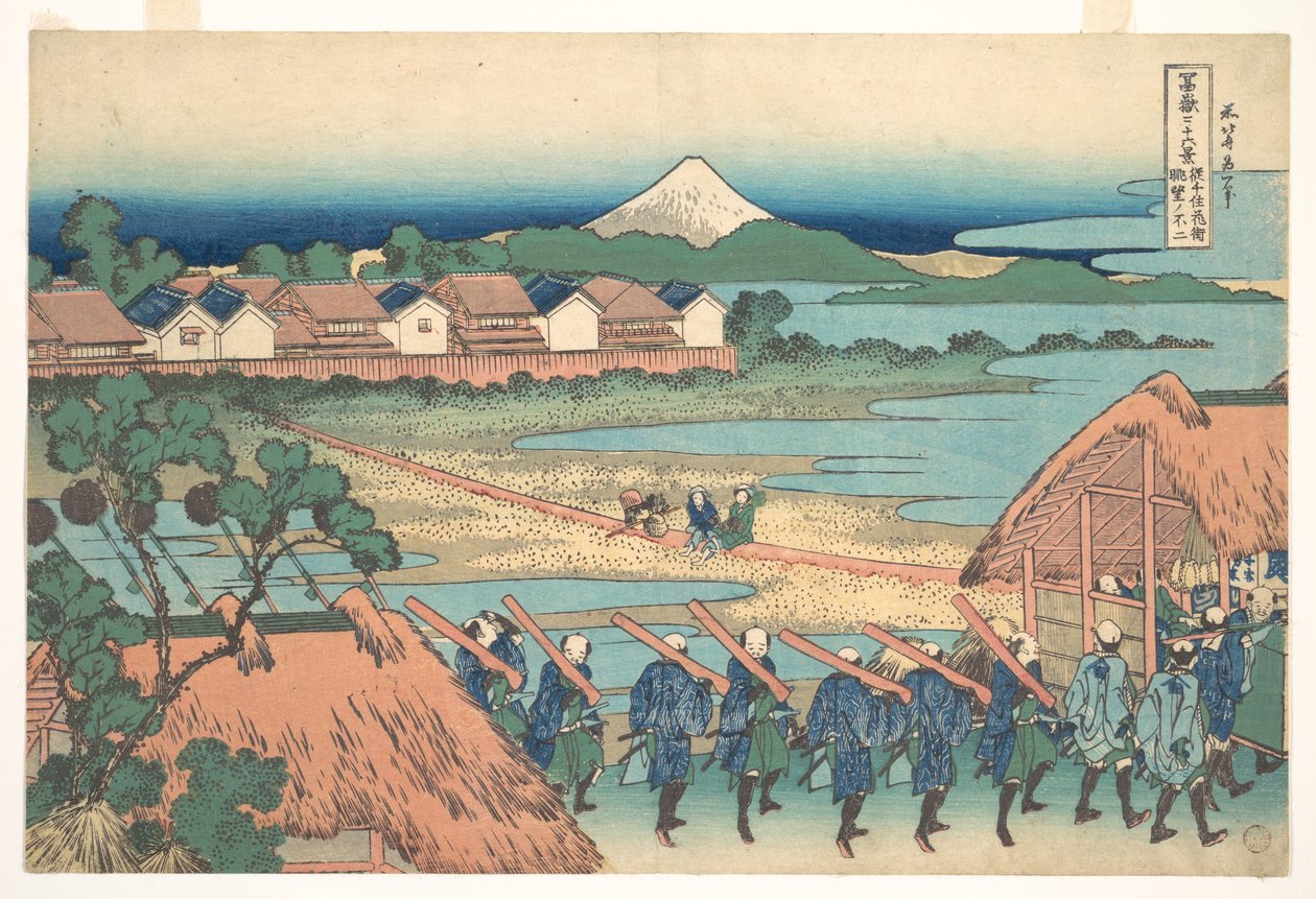 Il Monte Fuji visto in lontananza dal quartiere dei divertimenti di Senju (Senju kagai yori chōbō no Fuji), dalla serie “Le trentasei vedute del Monte Fuji” (Fugaku sanjūrokkei) da Katsushika Hokusai