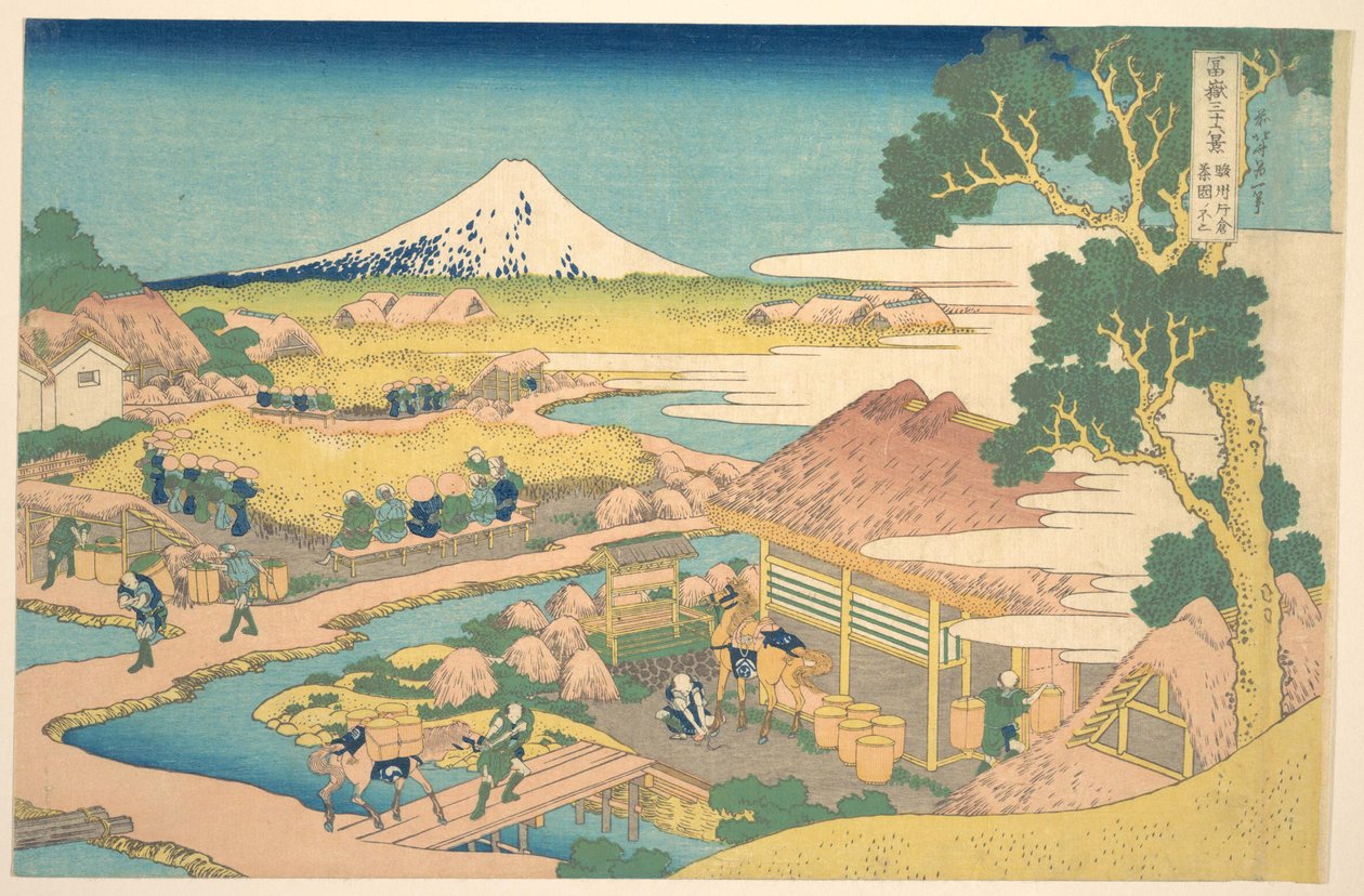 Il Monte Fuji visto dai campi di tè di Katakura nella provincia di Suruga (Sunshū Katakura chaen no Fuji), dalla serie “Le trentasei vedute del Monte Fuji” (Fugaku sanjūrokkei) da Katsushika Hokusai