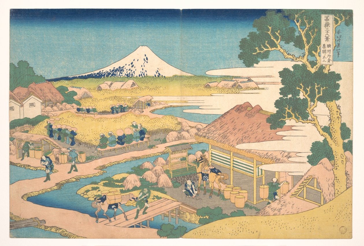 Il Monte Fuji visto dai campi di tè di Katakura nella provincia di Suruga (Sunshū Katakura chaen no Fuji), dalla serie “Le trentasei vedute del Monte Fuji” (Fugaku sanjūrokkei) da Katsushika Hokusai
