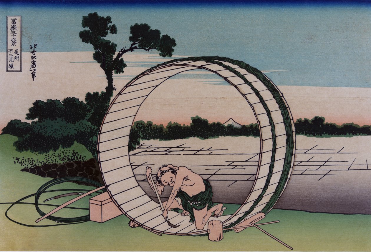 Fujimigahara nella provincia di Owari, dalla serie Trentasei vedute del Monte Fuji, pub. c. 1830-32 da Katsushika Hokusai