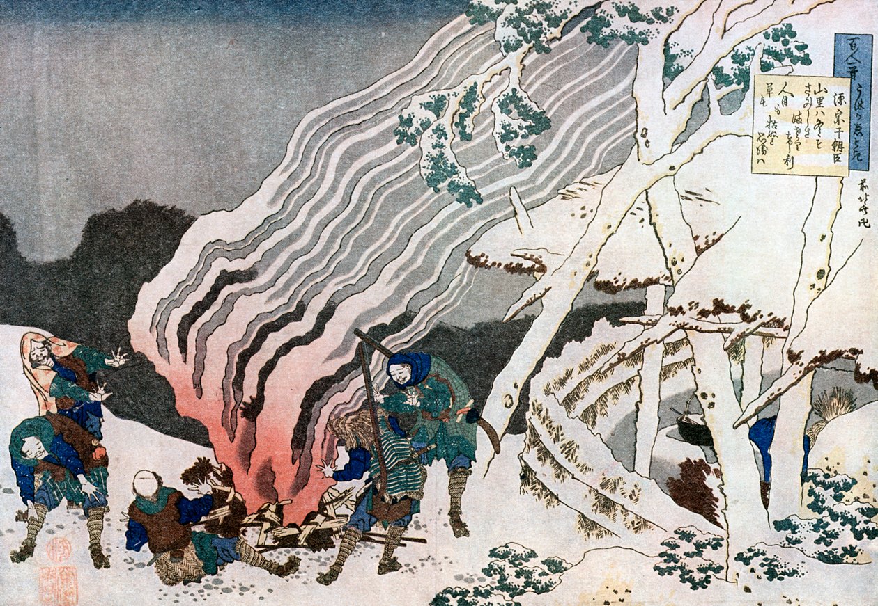 Cacciatori vicino a un fuoco nella neve, c1835 da Katsushika Hokusai