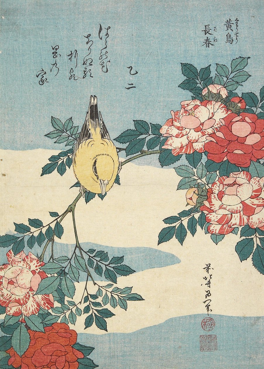Usignolo Giapponese e Ramo di Rose, c. 1832 da Katsushika Hokusai