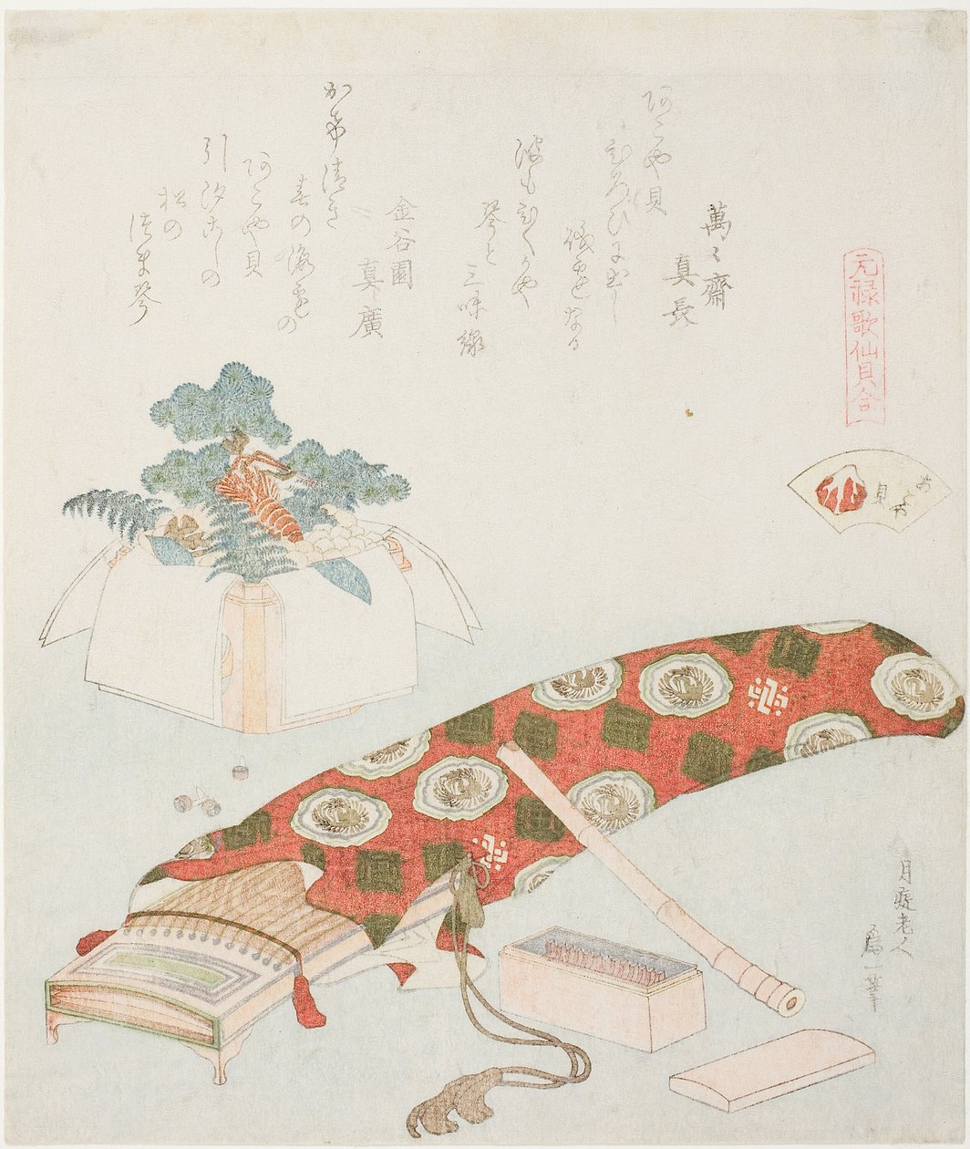 Koto e offerta di Capodanno, illustrazione per La conchiglia della spiaggia di Akoya (Akoyagai), dalla serie "Un gioco di abbinamento con conchiglie di poesie del periodo Genroku (Genroku kasen kai awase)" da Katsushika Hokusai