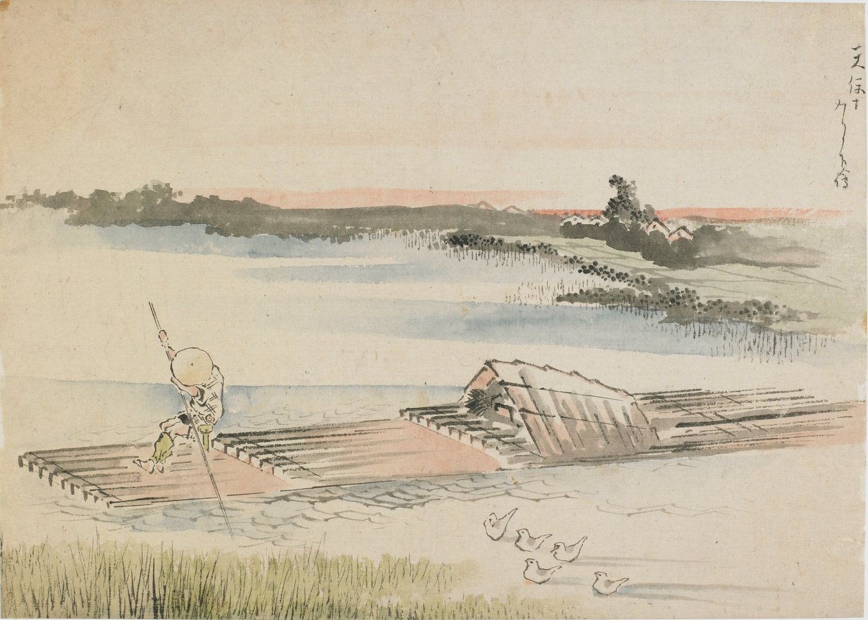 Paesaggio: barcaiolo che spinge la sua zattera da Katsushika Hokusai