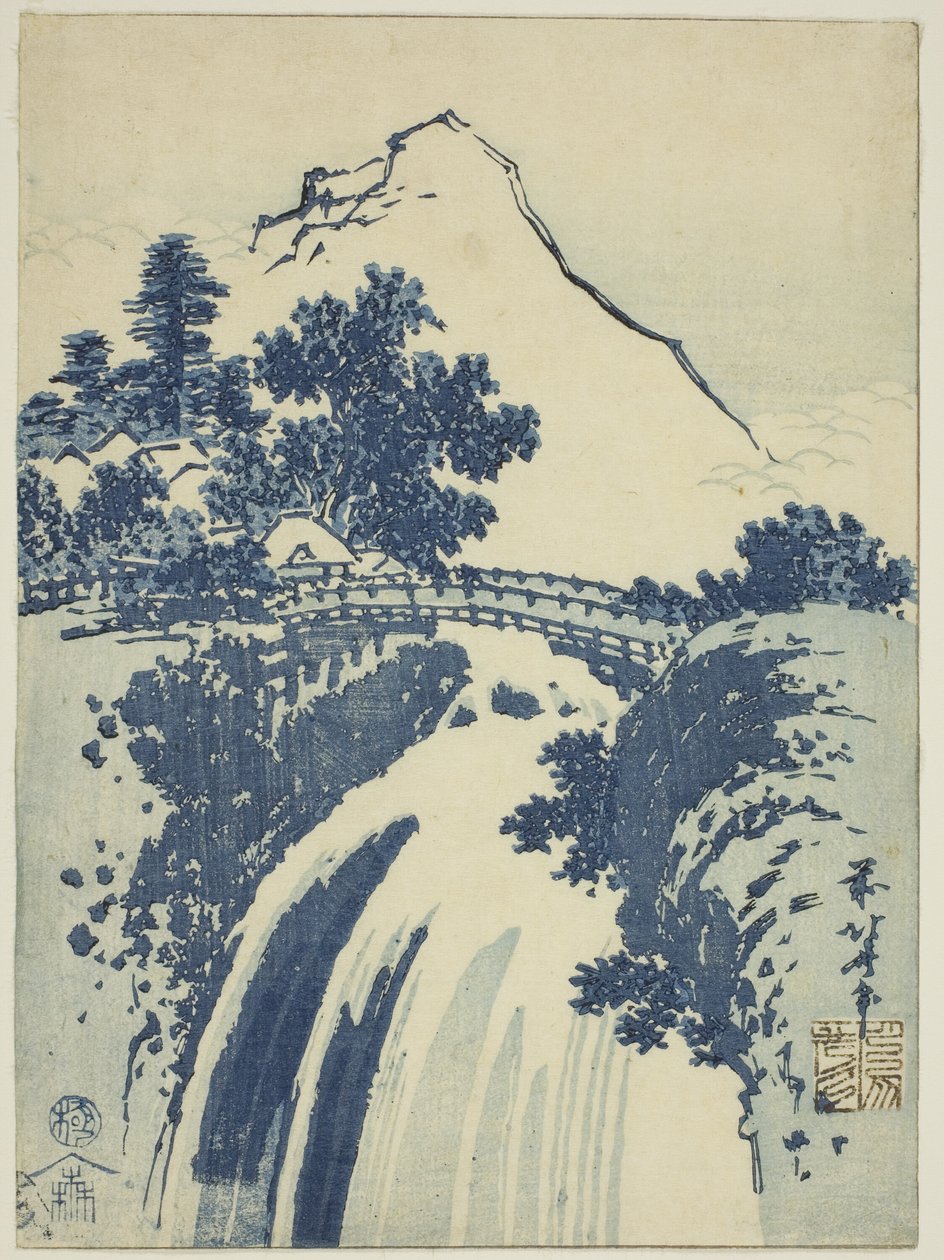 Paesaggio con cascata, da una serie senza titolo di stampe chuban da Katsushika Hokusai
