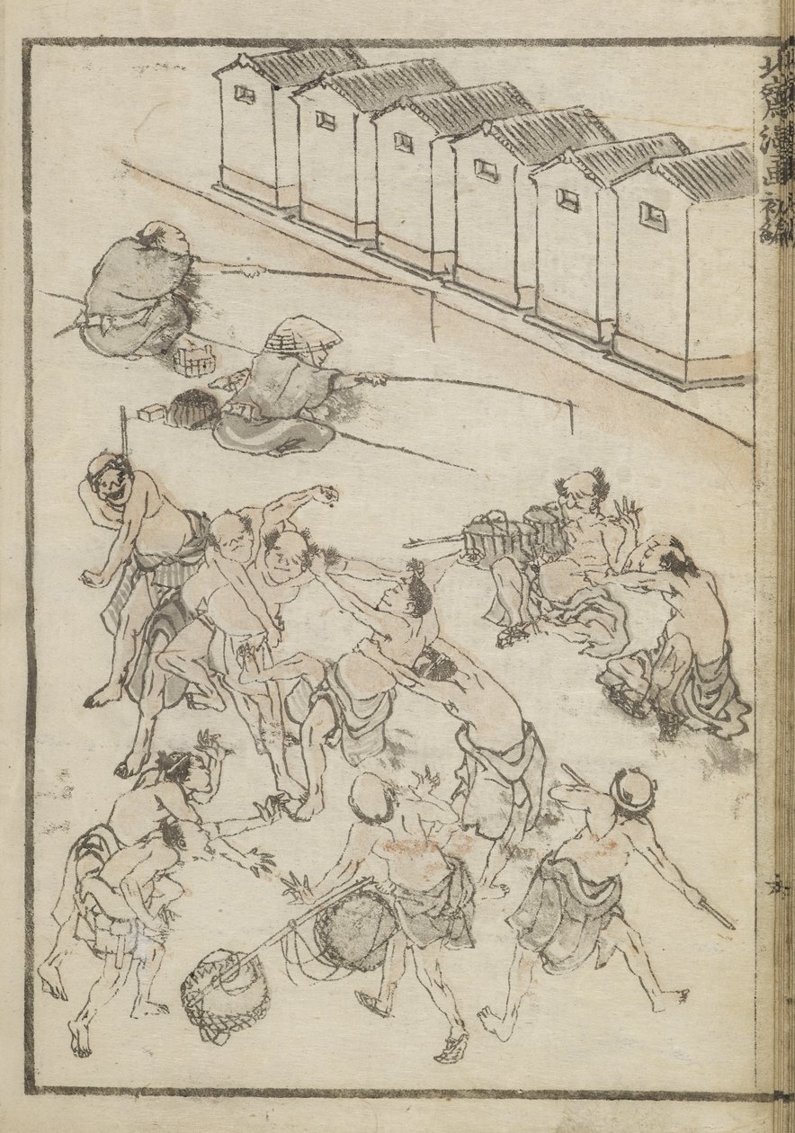 Uomini che lottano e pescano (stampa a blocchi di legno) da Katsushika Hokusai
