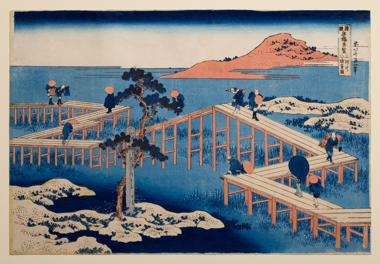 Antica veduta del ponte a otto campate di Yatsuhashi, nella provincia di Mikawa, tratta dalla serie “Vedute notevoli di ponti in varie province” da Katsushika Hokusai