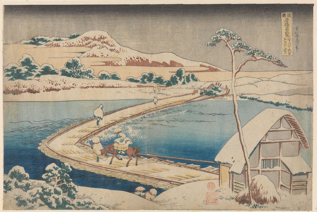 Antica veduta del ponte di barche a Sano, nella provincia di Kôzuke da Katsushika Hokusai