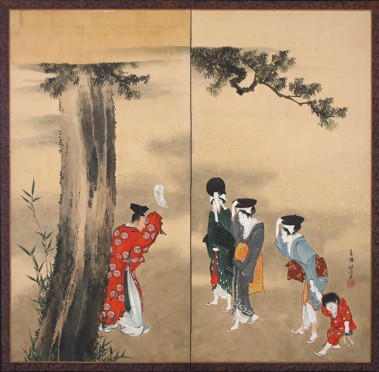 Schermo pieghevole a due pannelli: Un sacerdote shintoista, tre donne e un bambino sotto un pino, periodo Edo, c.1799-1801 da Katsushika Hokusai