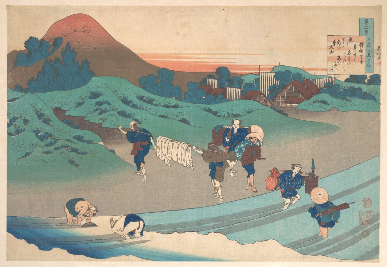 Poesia dell’Imperatrice Jitō, tratta dalla raccolta “Cento poesie spiegate dalla balia” (Hyakunin isshu uba ga etoki) da Katsushika Hokusai