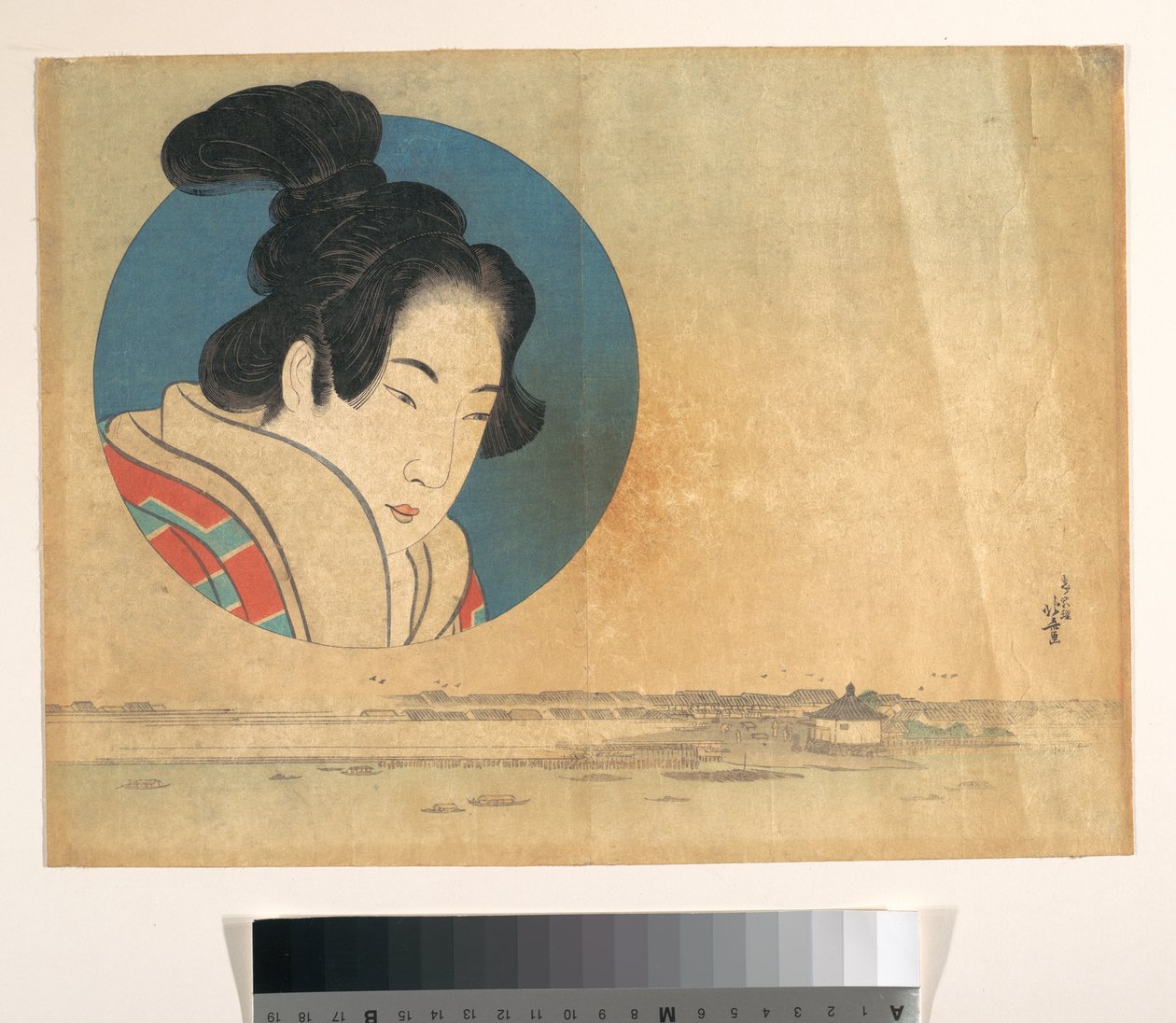 Ritratto di una donna in un grande cerchio con un paesaggio sullo sfondo da Katsushika Hokusai