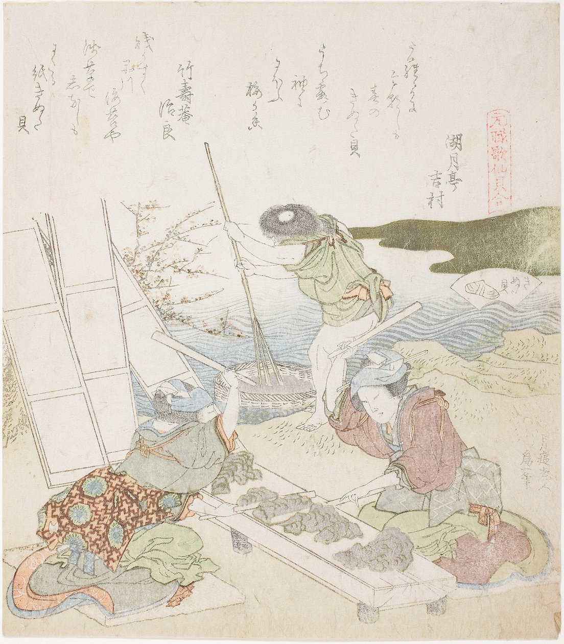 Riciclaggio della carta, illustrazione per The Fulling-block Shell da Katsushika Hokusai