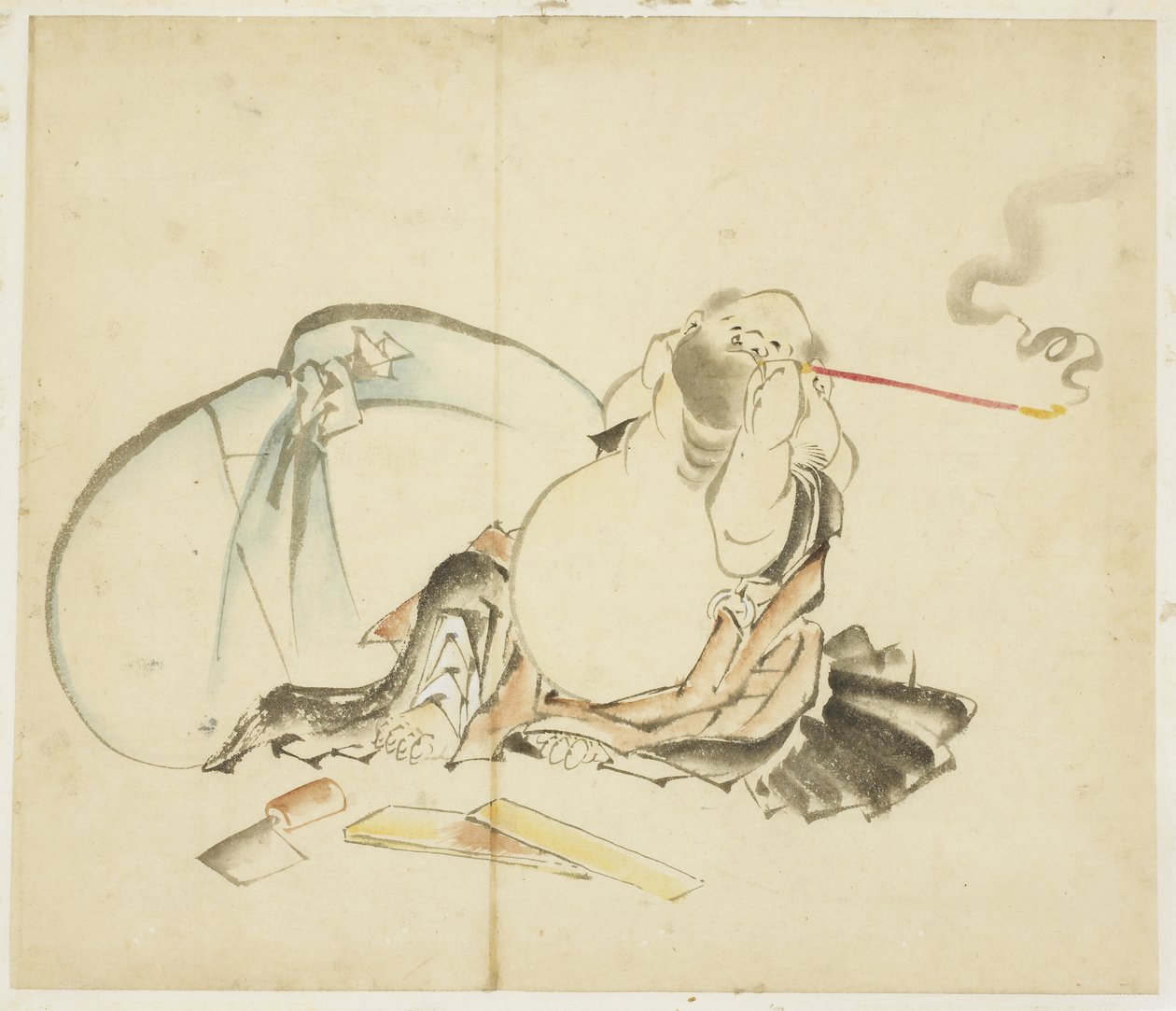 Hotei seduto che fuma una pipa da Katsushika Hokusai