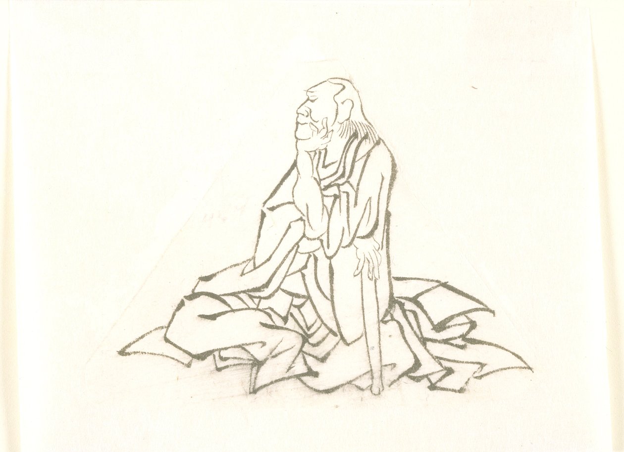 Anziano seduto, appoggiato a un bastone da Katsushika Hokusai