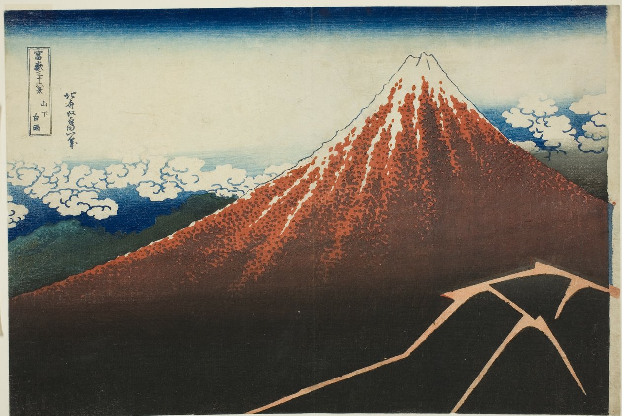 Pioggia sotto la vetta (Sanka hakuu), dalla serie "Trentasei vedute del Monte Fuji (Fugaku sanjurokkei)" da Katsushika Hokusai