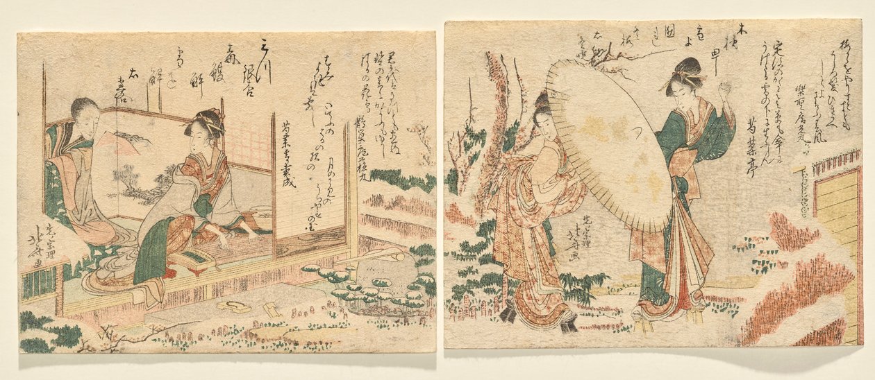 Mattina nevosa: Due donne camminano in un giardino coperto di neve con un ombrello; L: Giovane donna suona il koto e guarda sua madre da Katsushika Hokusai