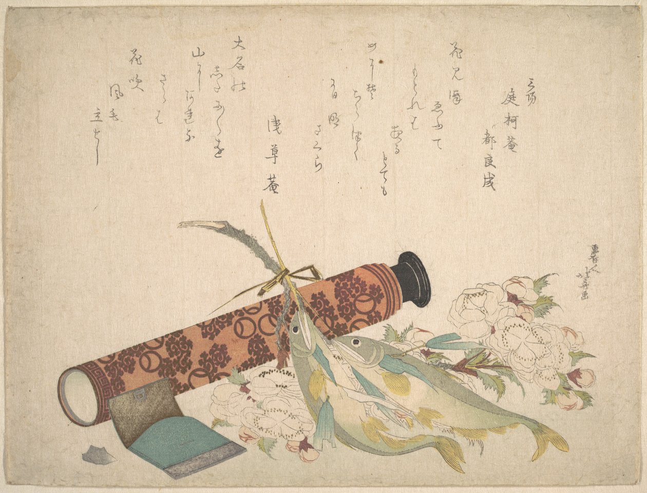 Natura morta: doppio ramo di ciliegio in fiore, telescopio, pesce dolce e astuccio per fazzoletti da Katsushika Hokusai