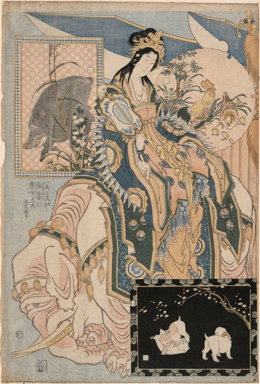 Signora Tang su un elefante bianco, da un set pubblicitario per Giant Straw Works in una fiera da Katsushika Hokusai