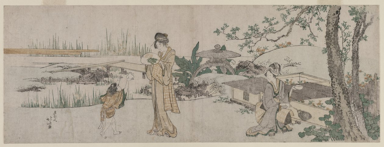 Due Donne e un Bambino Accanto a un Acquario di Pesci Rossi da Katsushika Hokusai