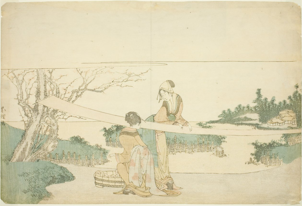 Due donne che stendono il tessuto da Katsushika Hokusai