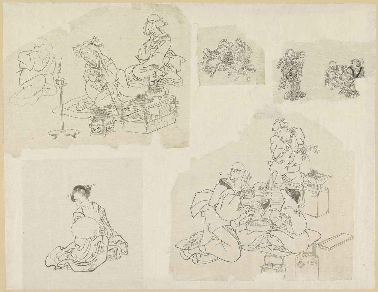 Cinque rappresentazioni di persone in diverse situazioni da Katsushika Hokusai