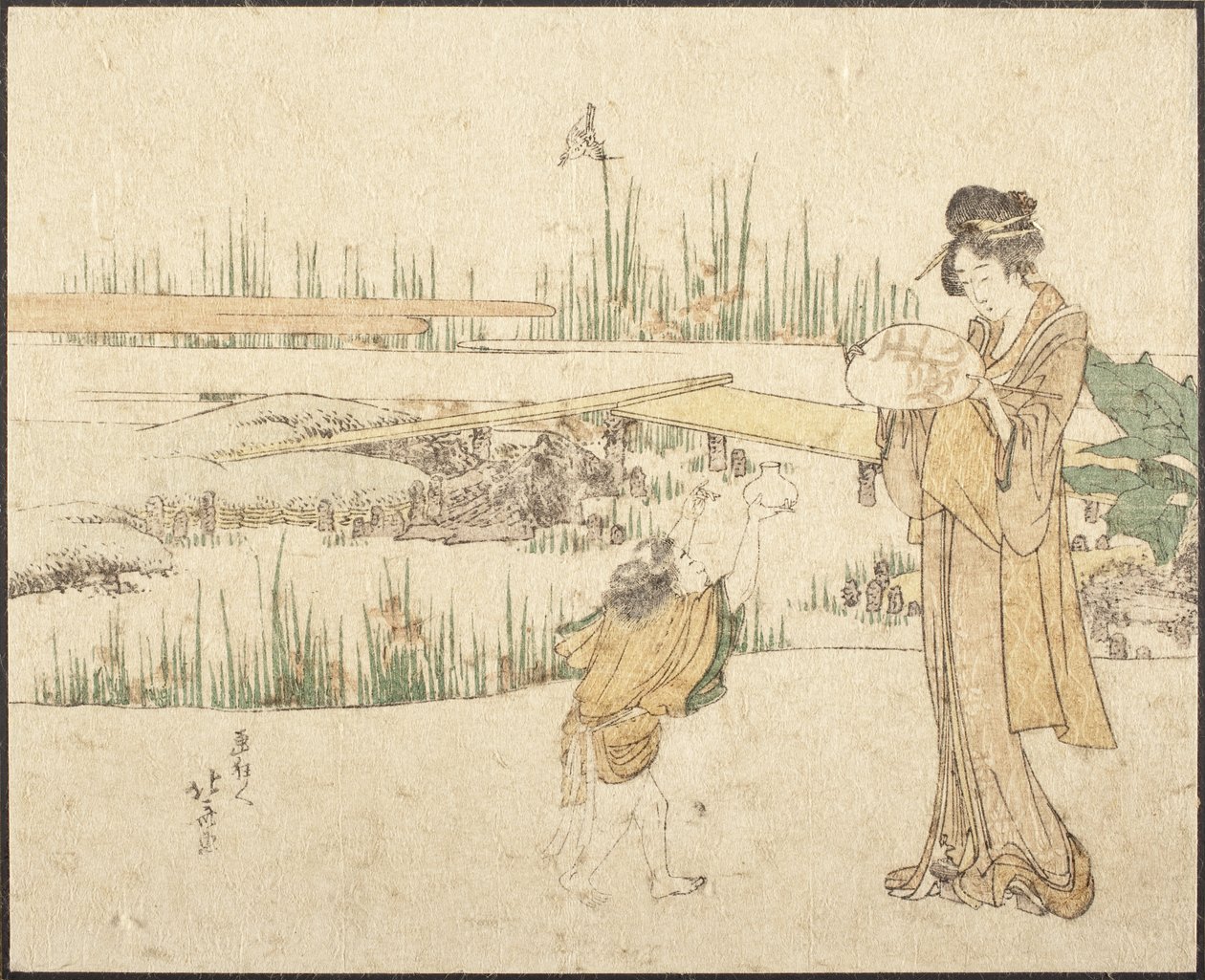 Donna e bambino in un giardino; frammento de “Il venditore di pesci rossi” da Katsushika Hokusai