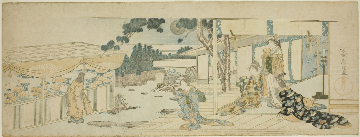 Donne in veranda che guardano una ragazza che raccoglie fiori da Katsushika Hokusai