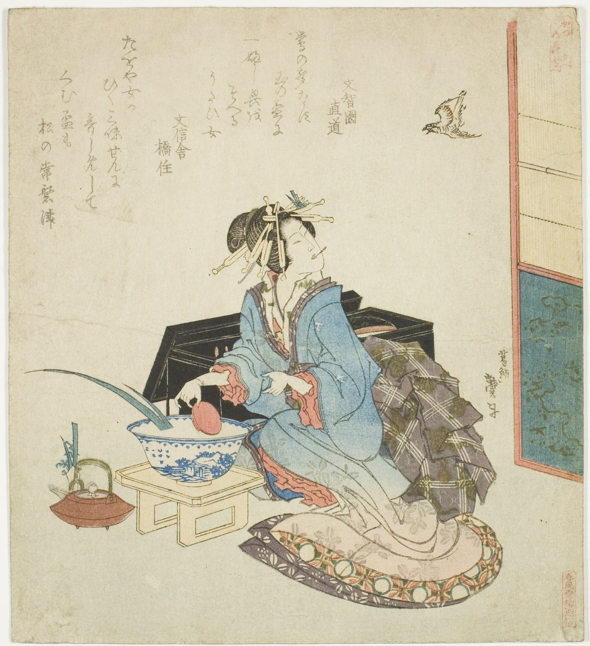 Geisha che guarda un cuculo, dalla serie "Cinque festival annuali per il circolo Katsushika" da Katsushika Taito II