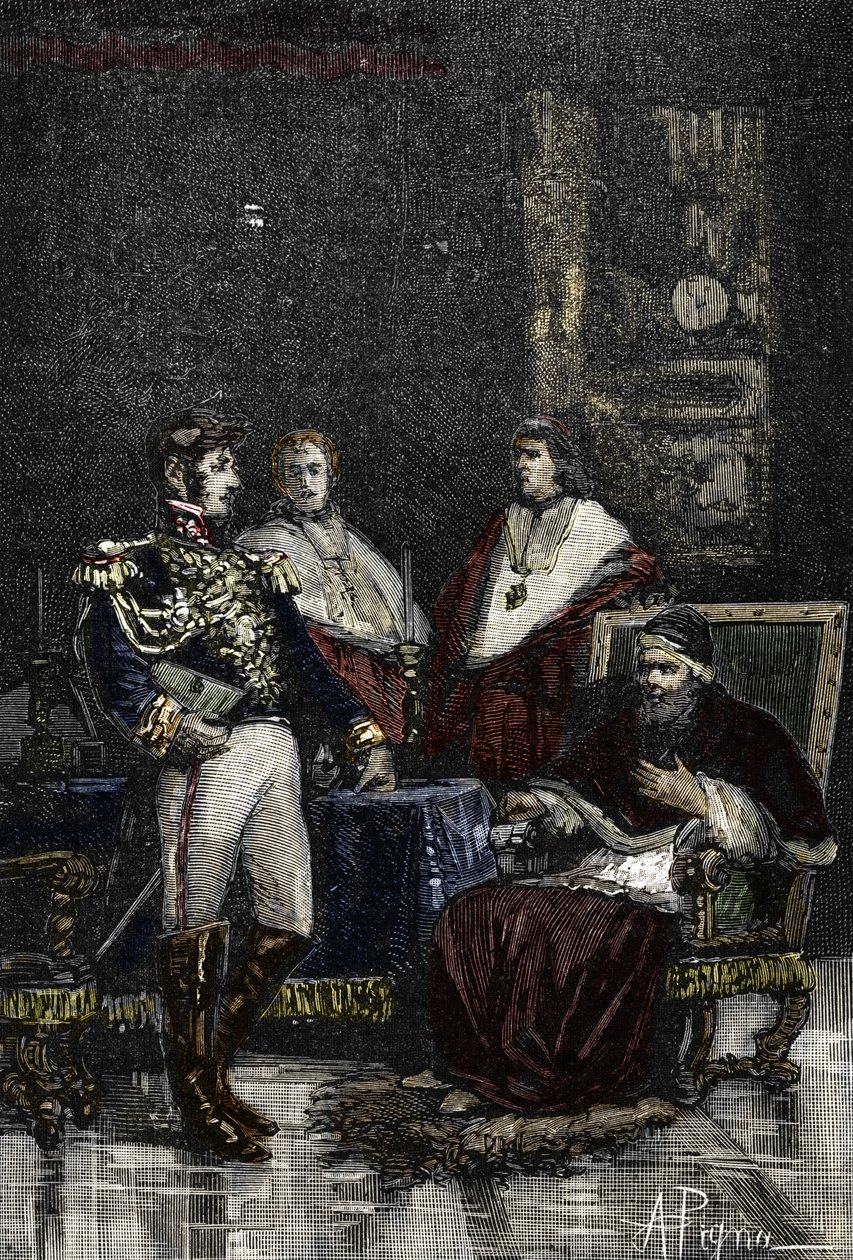 Il generale Cervoni convocò Papa Pio VI per abdicare alla sua sovranità temporale nel 1798. 1882 (incisione) da Alec Hunter