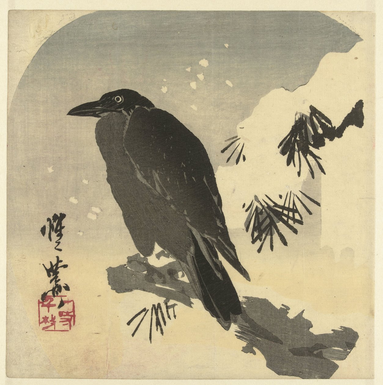 Corvo su ramo di pino innevato da Kawanabe Kyosai