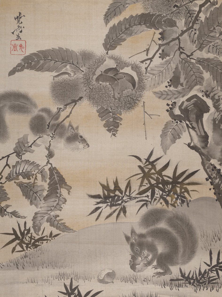 Scoiattoli che raccolgono castagne da Kawanabe Kyosai