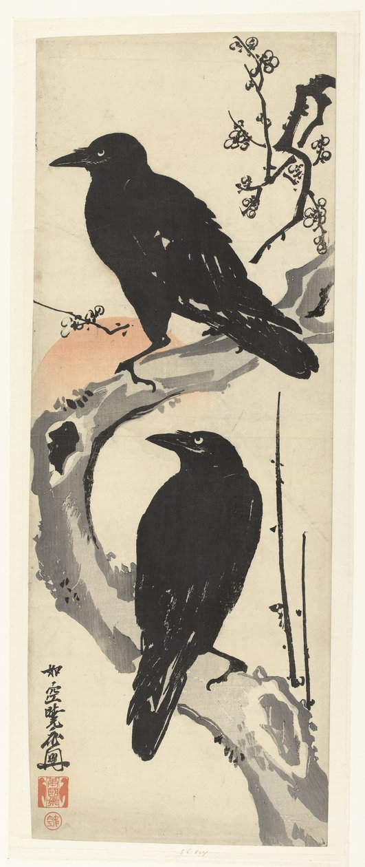 Due corvi su un ramo di un albero di prugne in fiore al tramonto da Kawanabe Kyosai