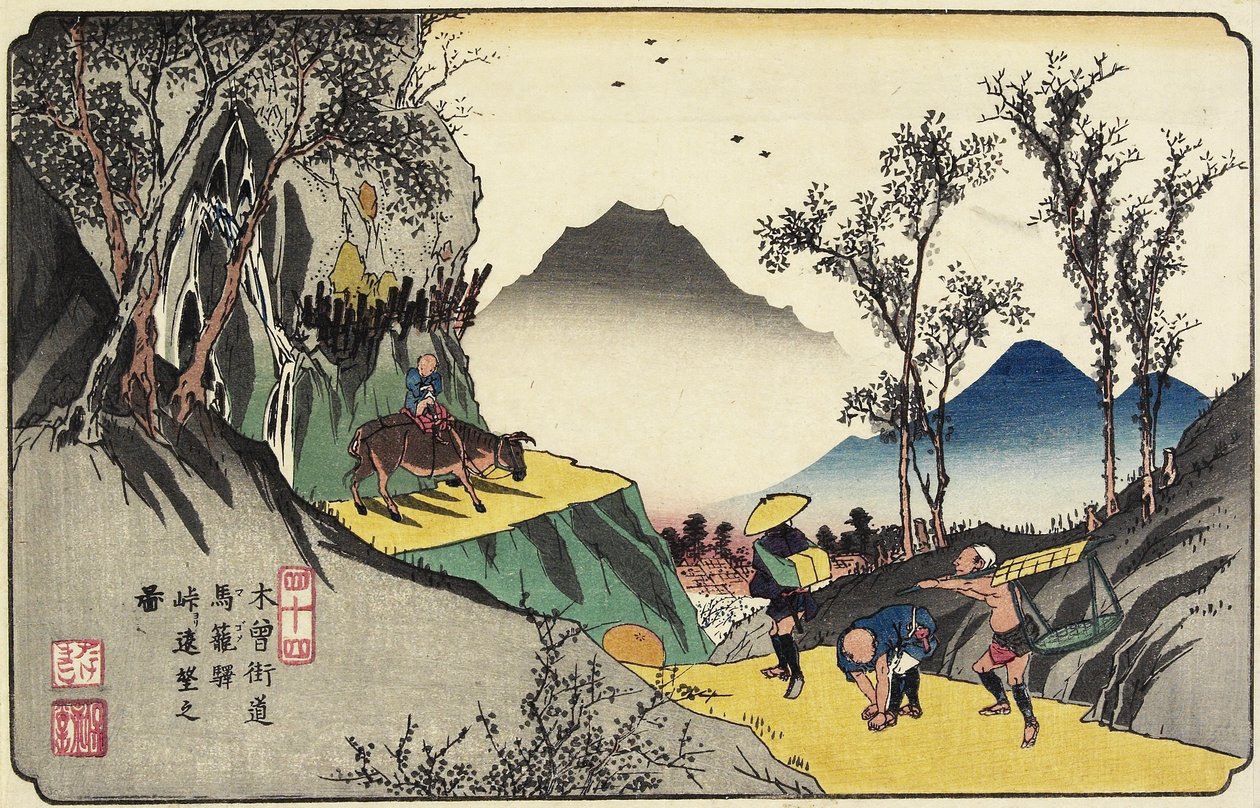 No.44 Vista distante della stazione di Magome dal Passo, 1830-1844 da Keisai Eisen